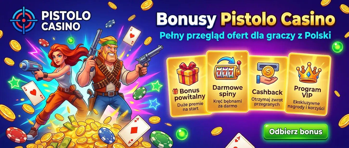 Bonusy Pistolo Casino dla graczy z Polski – bonus powitalny, darmowe spiny, cashback i program VIP.